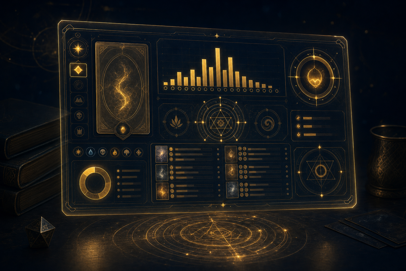 Glowing holographic deck tracker interface with golden data visualizations on a dark desk