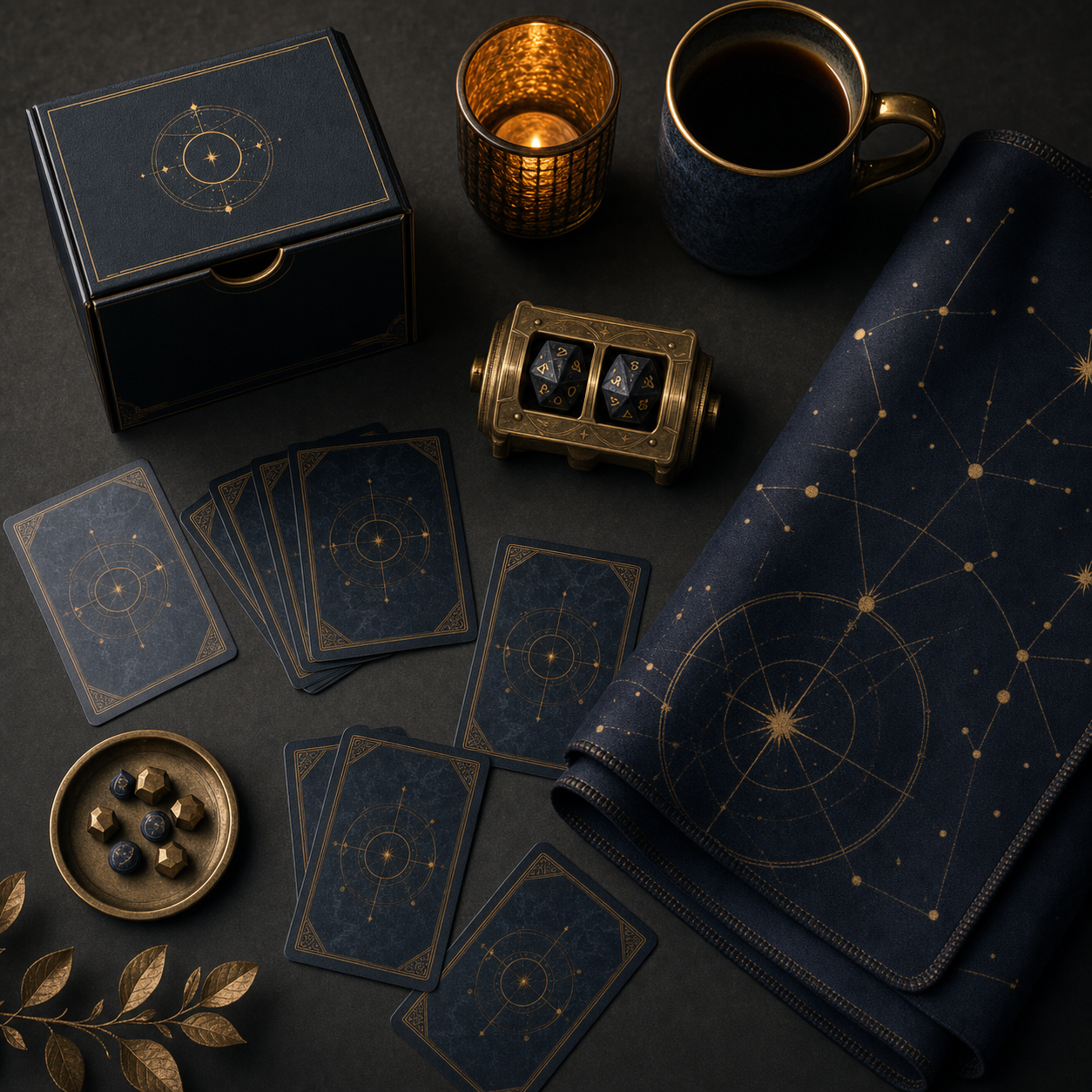 Flat lay of premium trading card game accessories on a dark surface: deck box, dice, playmat, and mug